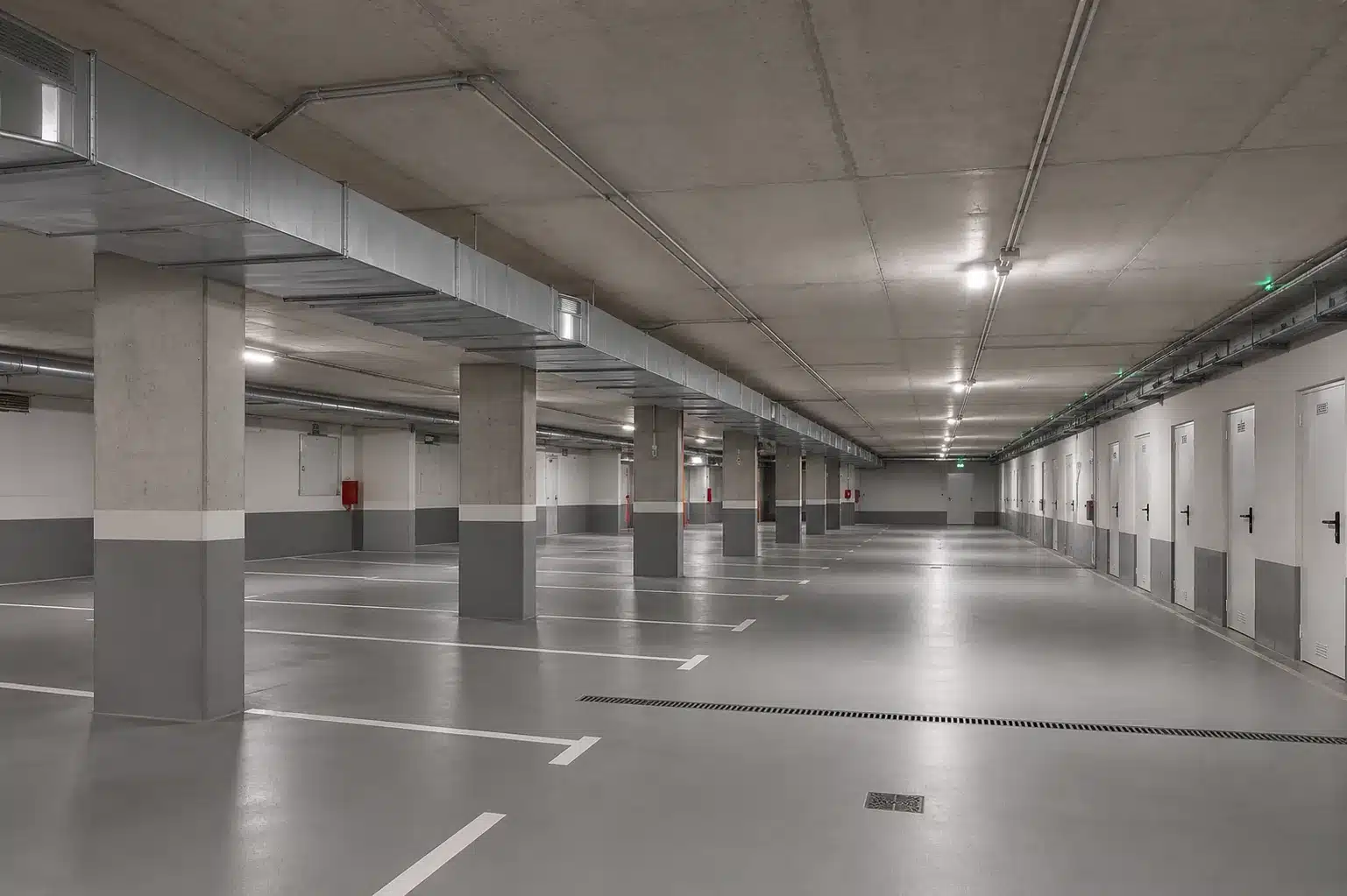 Interior de un garaje comunitario con pilares y forjado de hormigón, conductos de ventilación y puertas de trasteros