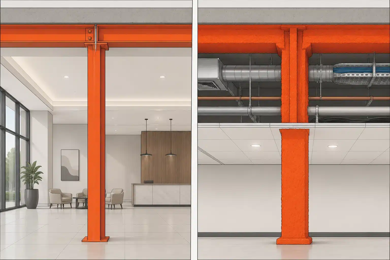 Comparativa entre pintura intumescente en estructura vista de zona noble y mortero proyectado en estructura oculta sobre falso techo
