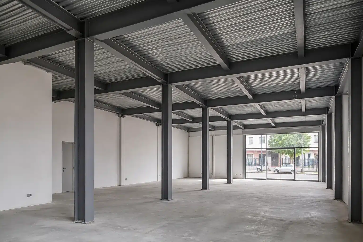 Interior de un local diáfano en obra con estructura metálica vista de pilares y vigas antes del acondicionamiento