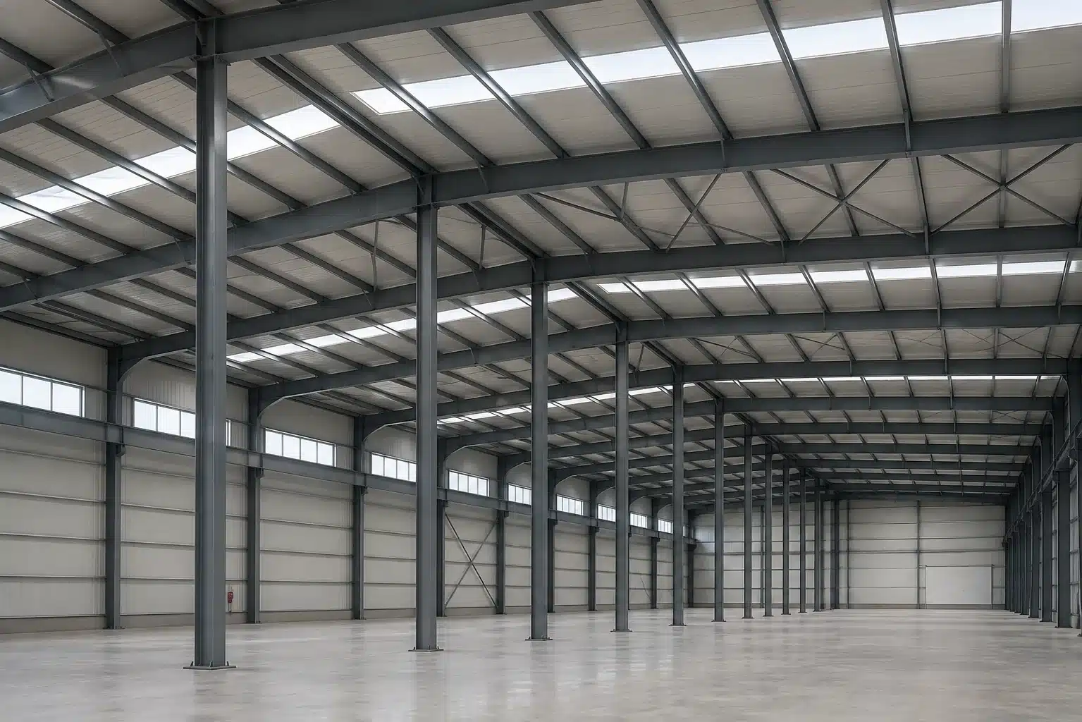Interior de nave industrial con estructura metálica de pilares y cerchas bajo cubierta de panel sándwich