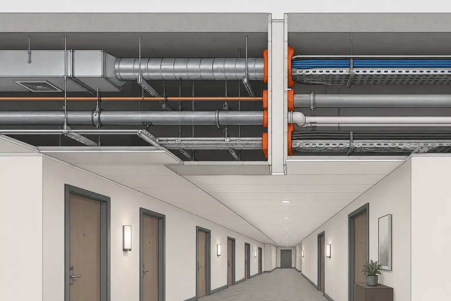 Falso techo de un pasillo de hotel con conductos, tuberías y bandejas de cables cruzando un tabique con los pasos sellados