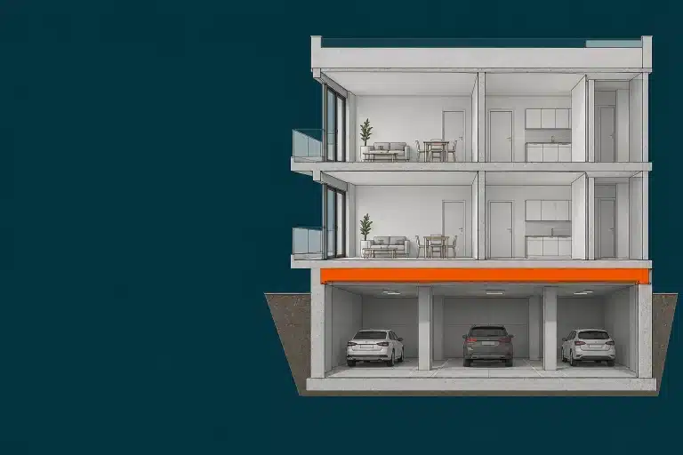 Sección de un edificio residencial con el garaje bajo rasante separado de las viviendas por el forjado que debe alcanzar EI 120