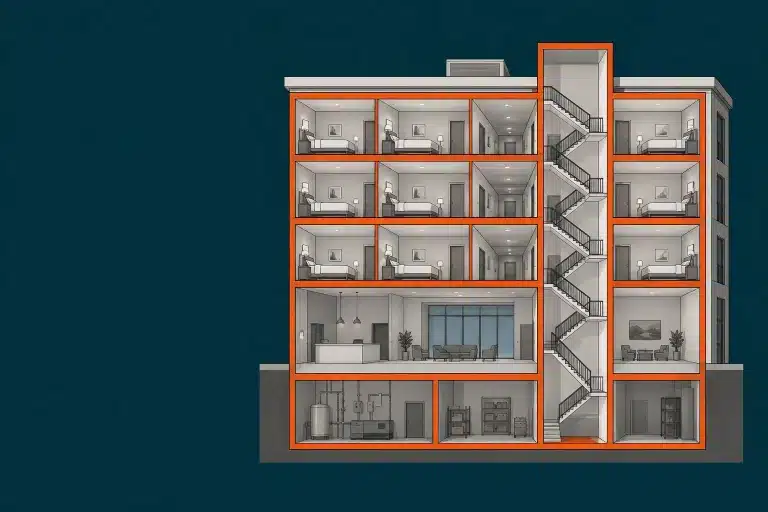 Sección de un hotel con las habitaciones, plantas, zonas de servicio y núcleo de escalera compartimentados como sectores de incendio