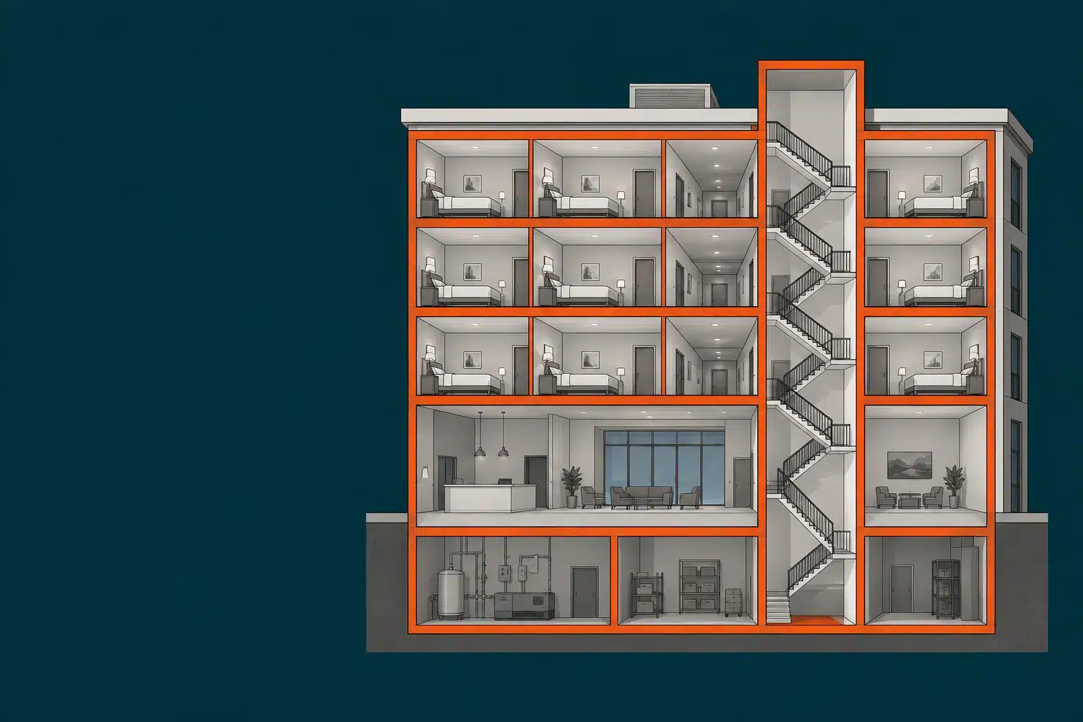 Sección de un hotel con las habitaciones, plantas, zonas de servicio y núcleo de escalera compartimentados como sectores de incendio