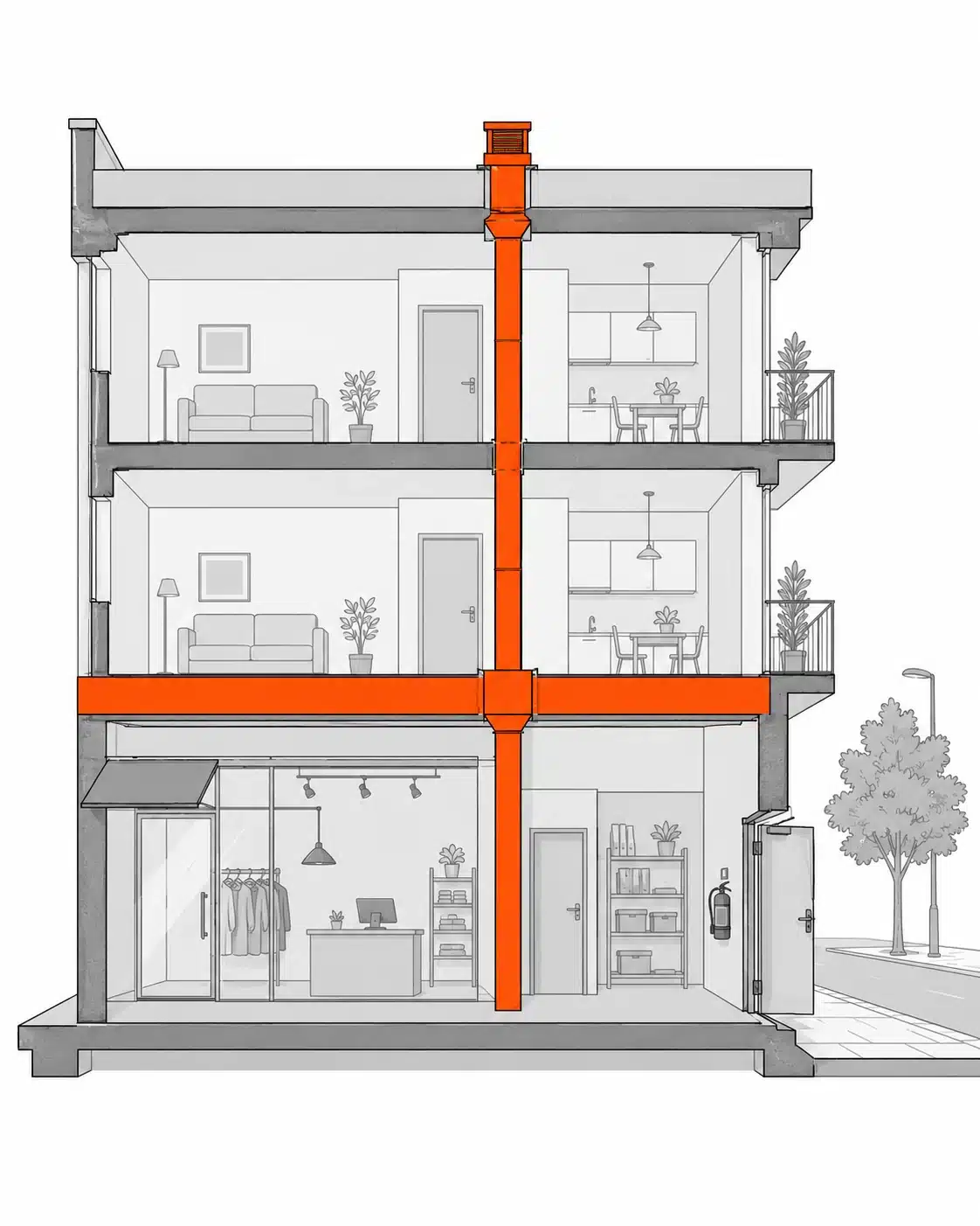 Sección de un edificio con el local en planta baja separado de las viviendas superiores y el conducto de extracción atravesando los forjados