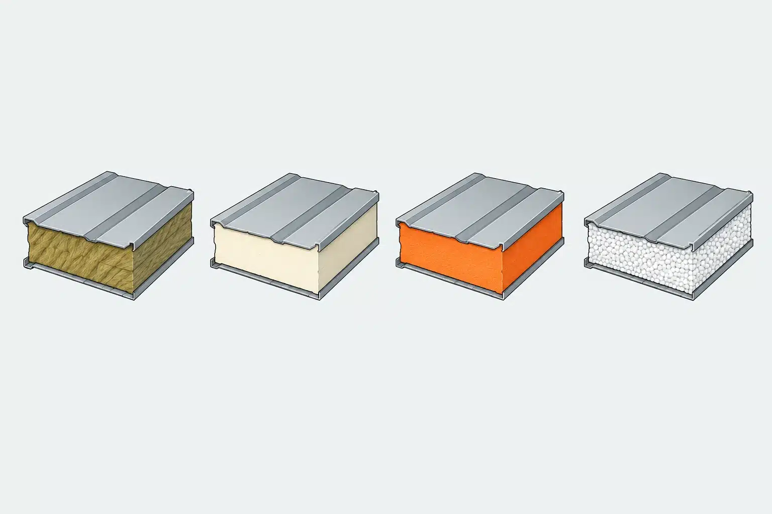 Comparativa de los cuatro núcleos de panel sándwich: lana de roca, PIR, PUR y poliestireno expandido