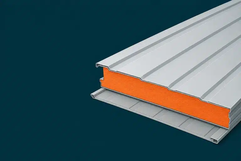 Sección de un panel sándwich de cubierta industrial con sus tres capas: chapa exterior, núcleo aislante y chapa interior
