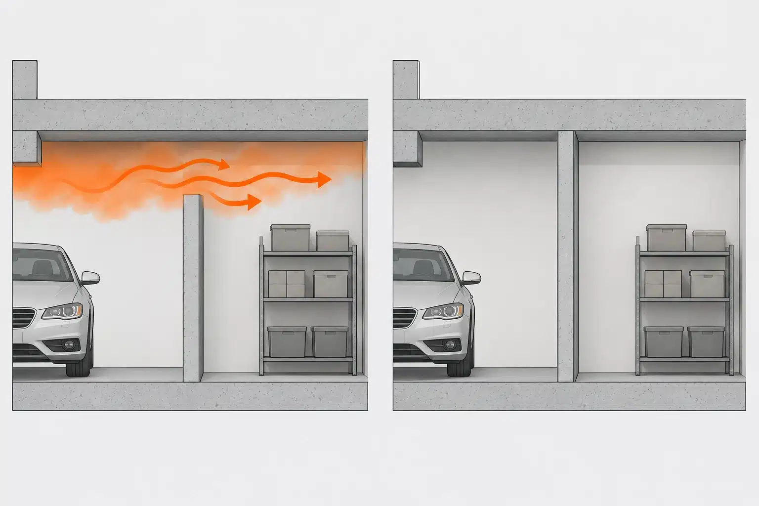 Comparativa de la separación de un trastero en garaje: pared que no llega al forjado y deja pasar el humo frente a pared sellada hasta el forjado