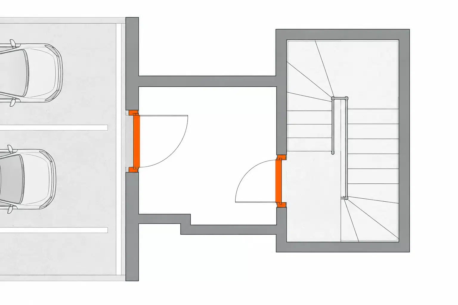 Planta de un vestíbulo de independencia entre el garaje y la escalera, con dos puertas cortafuegos en secuencia